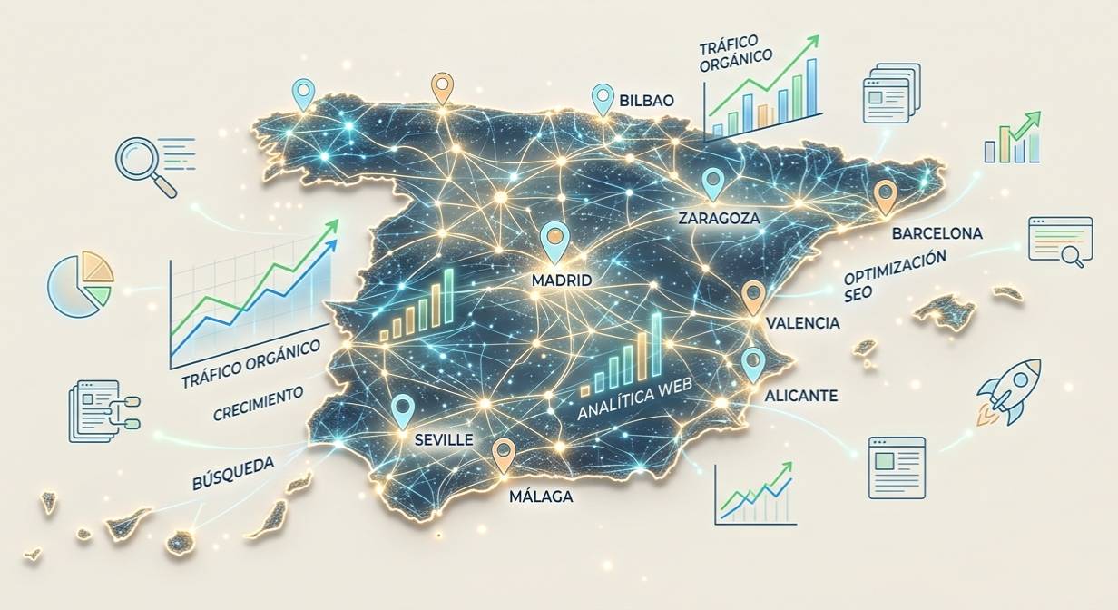 Mapa de España formado por conexiones digitales luminosas, con diferentes ciudades destacadas mediante pequeños marcadores de ubicación.