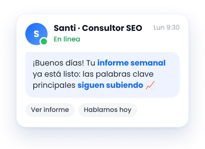 Mensaje semanal del consultor SEO freelance con el informe de evolución de las palabras clave