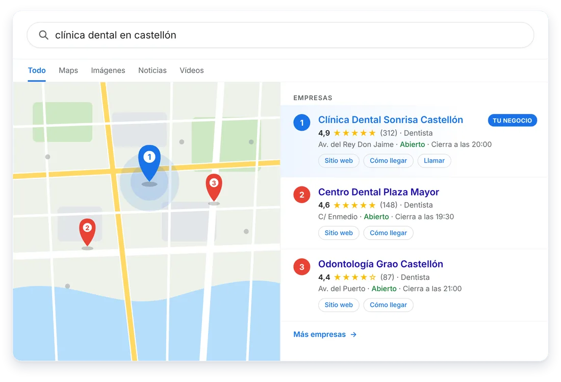 Local pack de Google en Castellón con el mapa y los 3 negocios mejor posicionados en SEO local